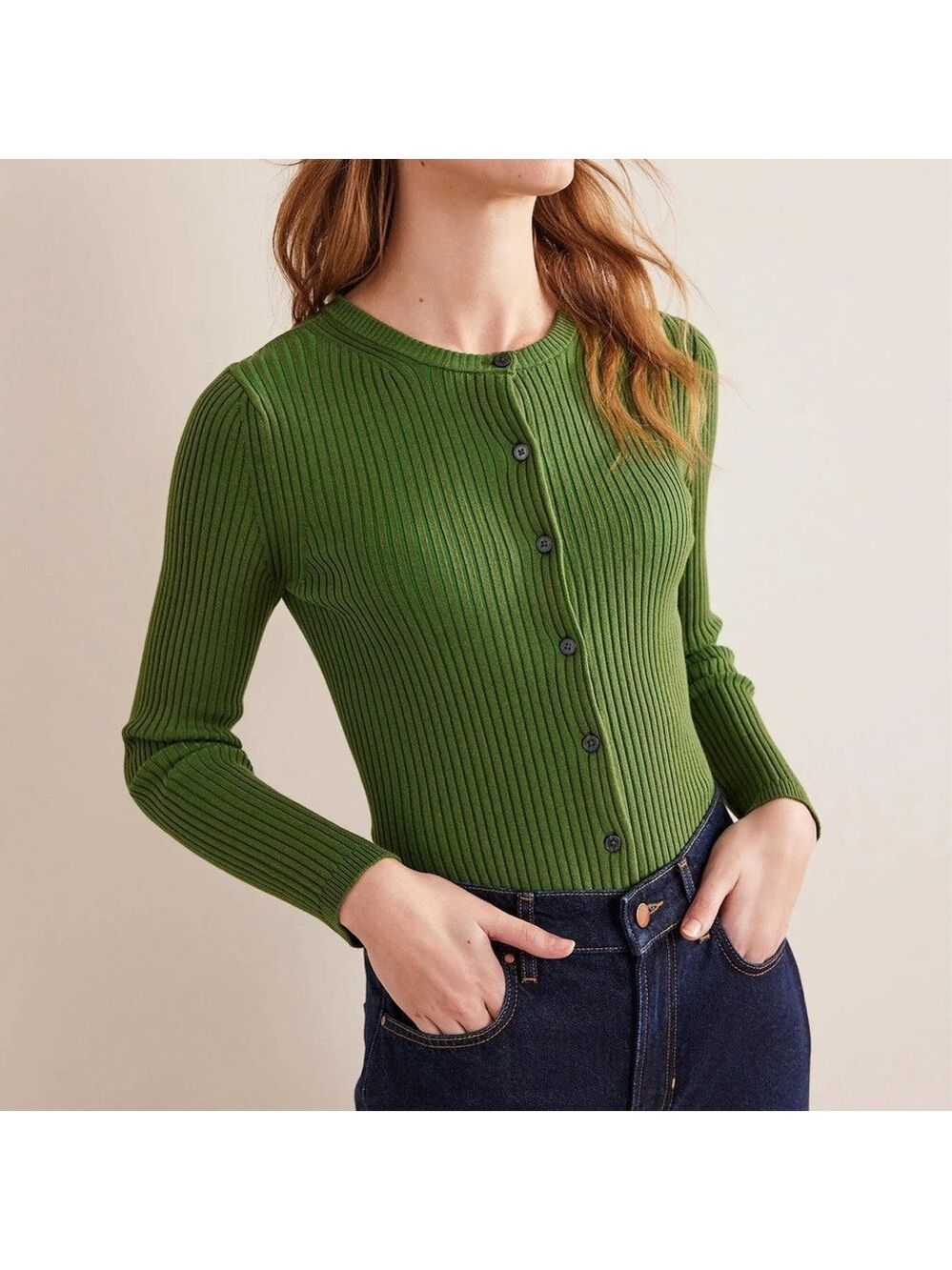 Boden Fitted Ribbed Cropped Cardigan Green size small